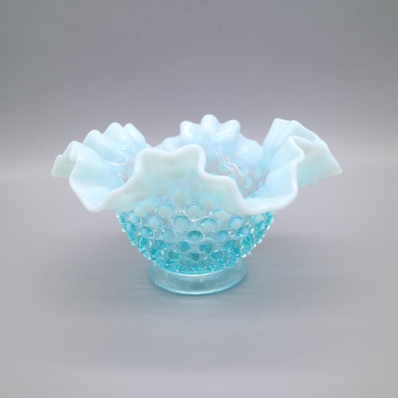 Vintage Fenton Ice Blue Opalescent Hobnail Ruffled Fluted Vase Bowl 4.5” - Picture 2 of 6